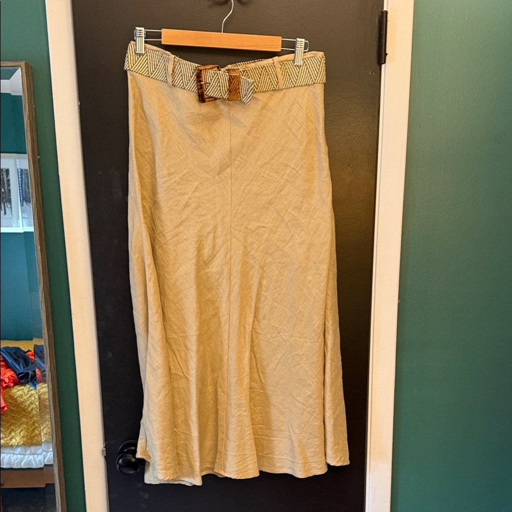 Zara Neutral Beige A-Line Linen Midi Skirt with Woven Belt sz XL